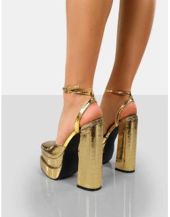 Moonchild Gold Croc Closed Toe Statement Platform Block Heels