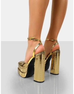Moonchild Gold Croc Closed Toe Statement Platform Block Heels