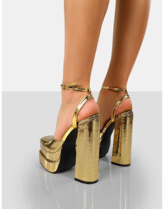 Moonchild Gold Croc Closed Toe Statement Platform Block Heels