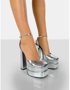 Moonchild Silver Croc Closed Toe Statement Platform Block Heels