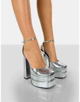 Moonchild Silver Croc Closed Toe Statement Platform Block Heels