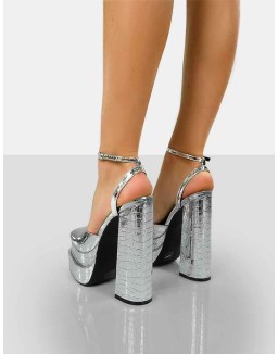 Moonchild Silver Croc Closed Toe Statement Platform Block Heels