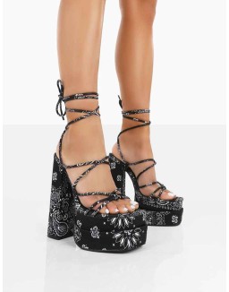 Clermonte Black Paisley Print Chunky Platform Lace Up Heels