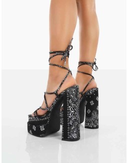 Clermonte Black Paisley Print Chunky Platform Lace Up Heels