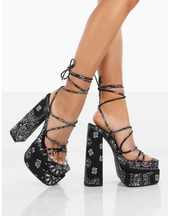 Clermonte Black Paisley Print Chunky Platform Lace Up Heels