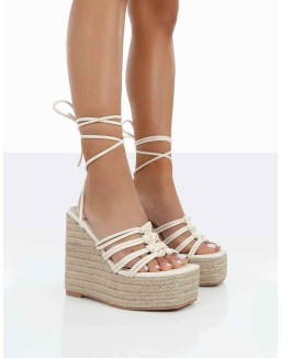Chakkra Ecru PU High Heeled Sandal Wedges