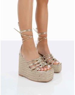 Chakkra Gold PU High Heeled Sandal Wedges
