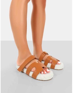 Hot Fuzz Ecru Borg Cut Out Flat Sandals