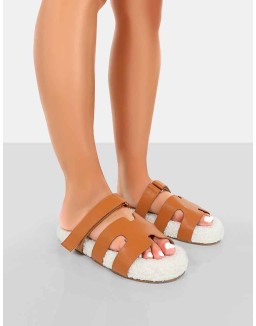Hot Fuzz Ecru Borg Cut Out Flat Sandals