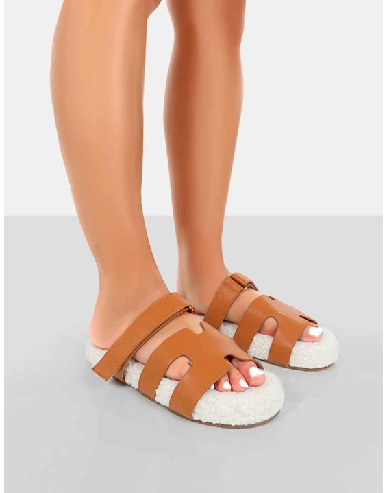 Hot Fuzz Ecru Borg Cut Out Flat Sandals