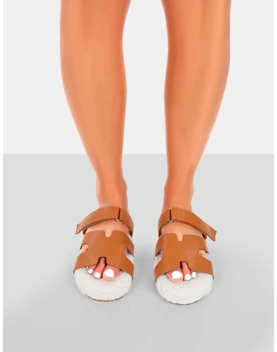Hot Fuzz Ecru Borg Cut Out Flat Sandals