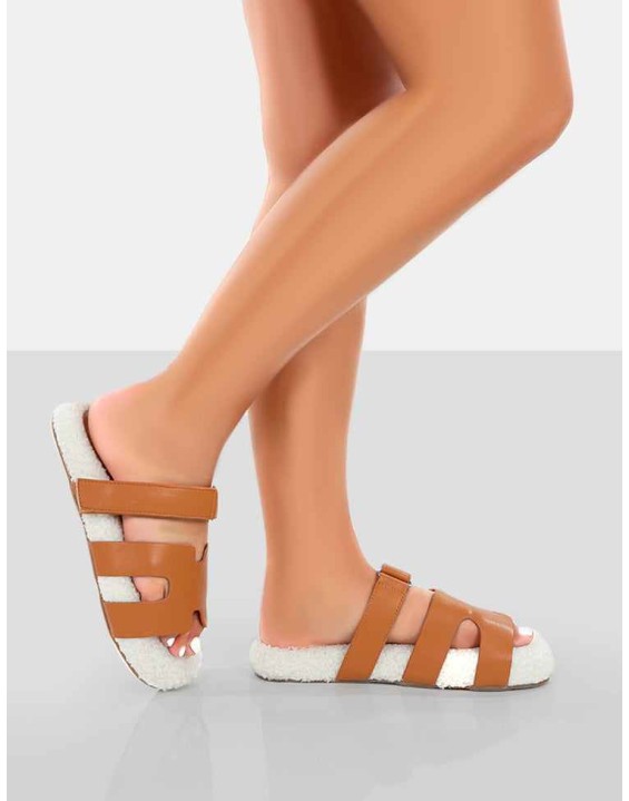 Hot Fuzz Ecru Borg Cut Out Flat Sandals