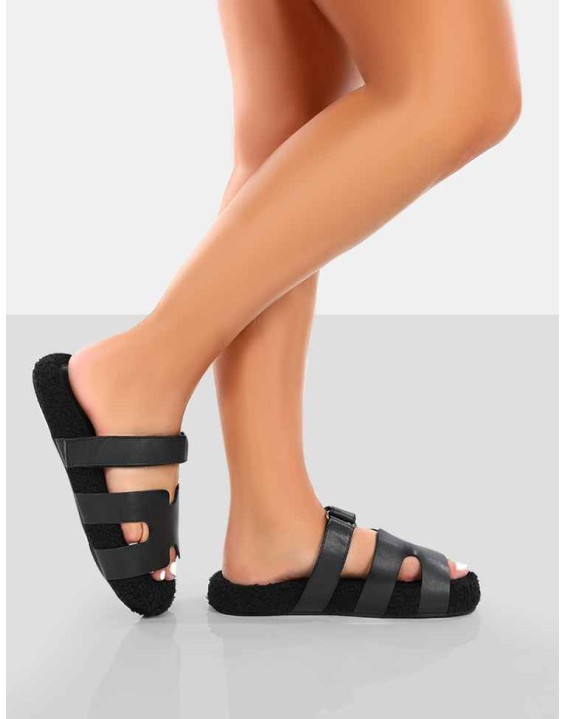 Hot Fuzz Black Borg Cut Out Flat Sandals