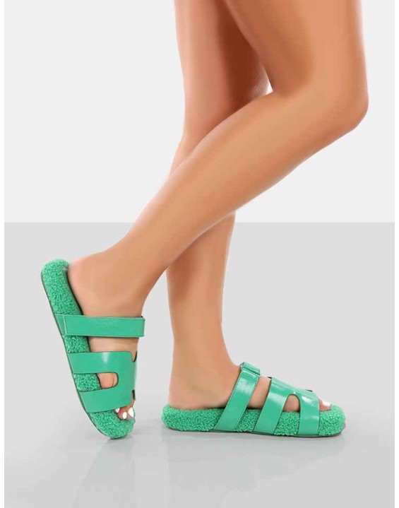 Hot Fuzz Green Borg Cut Out Flat Sandals