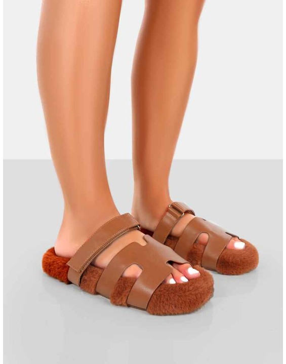 Hot Fuzz Tan Borg Cut Out Flat Sandals