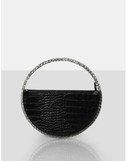 The Alessia Black Croc Circle Diamante Mini Handbag