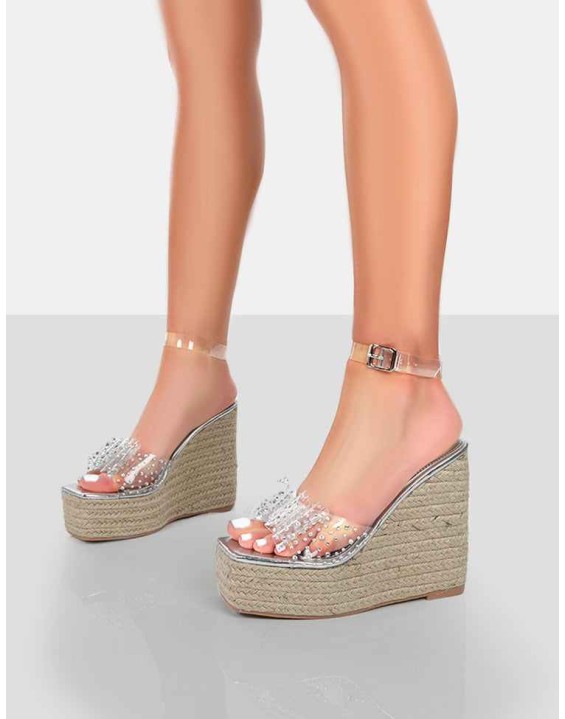Ocean Beach Nude Patent Bow Platform Wedge Heels