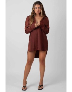 Satin Shirt Dress Chocolate