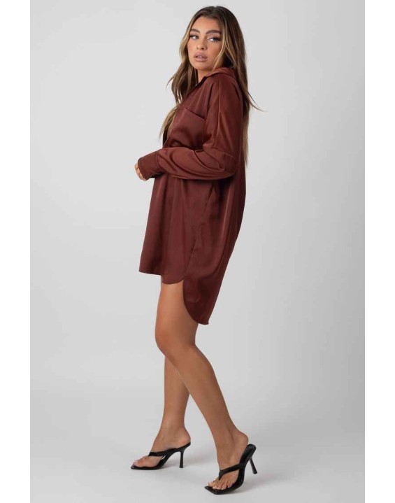 Satin Shirt Dress Chocolate