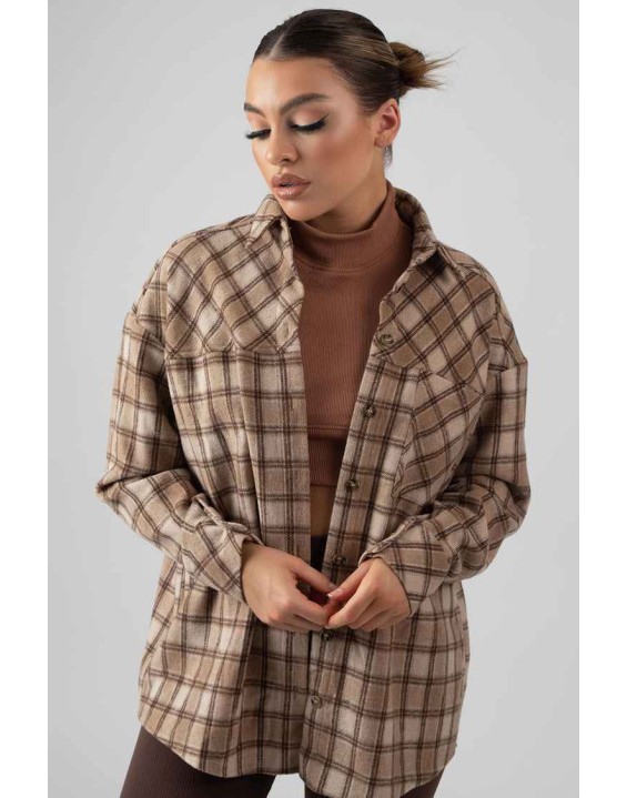 Check Shirt In Camel With Button Fastening
