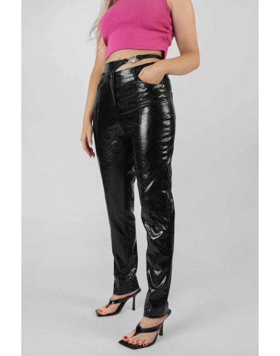 Carabiner Waist Battered Pu Trousers Black