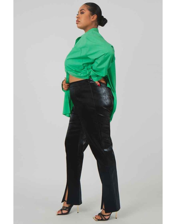 Curve Snakeskin Pu Split Hem Trousers Black