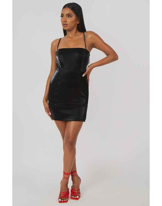 Snakeskin Pu Square Neck Mini Dress Black