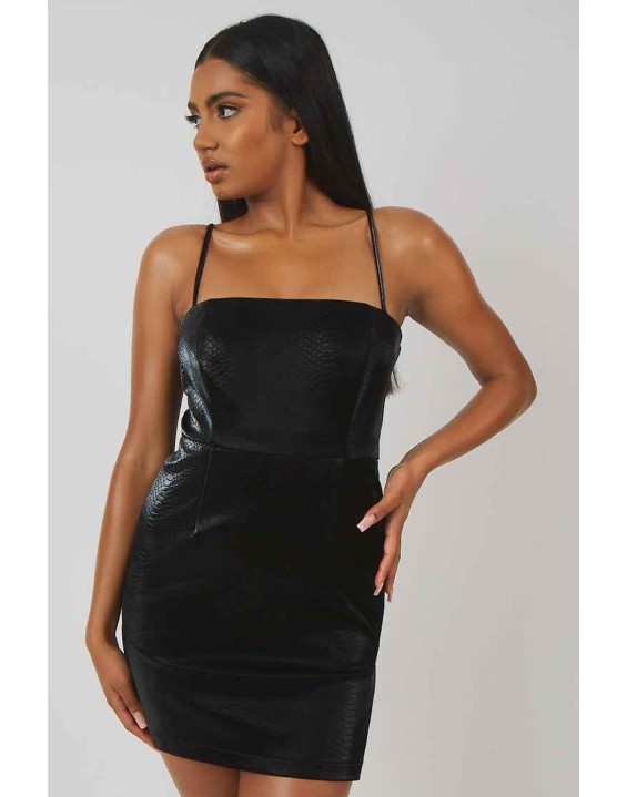 Snakeskin Pu Square Neck Mini Dress Black