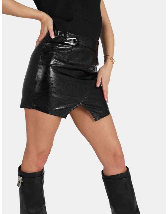 Carabiner Waist Battered Pu Mini Skirt Black