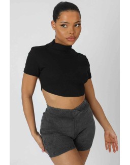 High Neck Tie Back Crop Top Black
