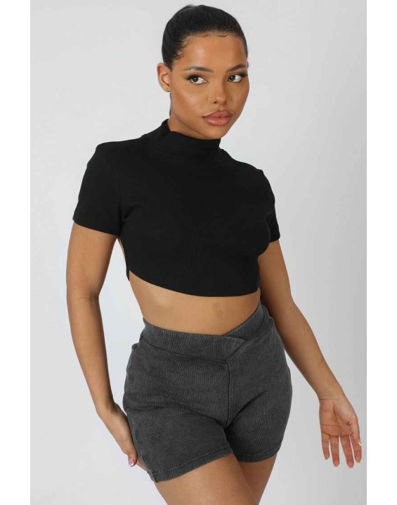 High Neck Tie Back Crop Top Black