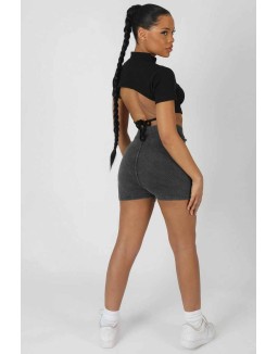 High Neck Tie Back Crop Top Black