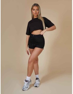 Elasticated Waist Cropped T-Shirt Black