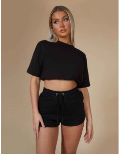 Elasticated Waist Cropped T-Shirt Black