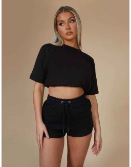 Elasticated Waist Cropped T-Shirt Black
