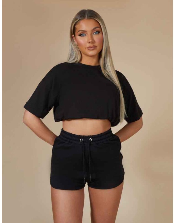 Elasticated Waist Cropped T-Shirt Black