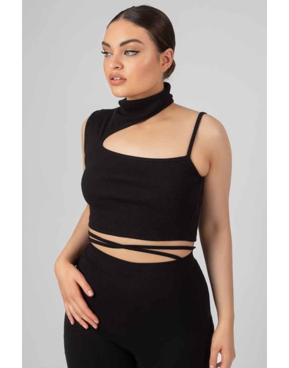 High Neck Cut Out Strappy Bralet Black