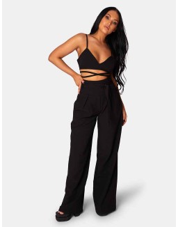 Tie Waist Wide Leg Trousers Black
