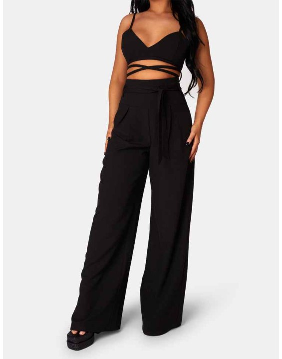 Tie Waist Wide Leg Trousers Black