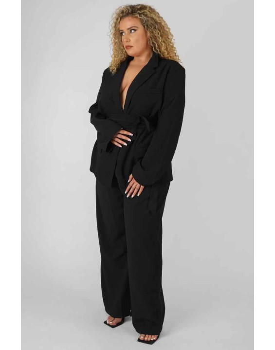 Curve Premium Tie Waist Wide Leg Trousers Black