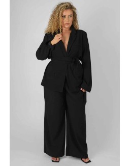 Curve Premium Tie Waist Wide Leg Trousers Black
