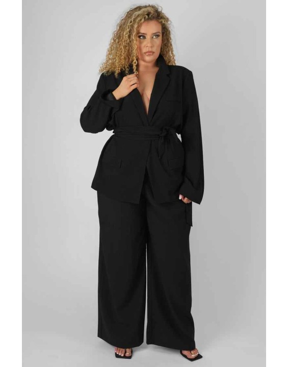 Curve Premium Tie Waist Wide Leg Trousers Black