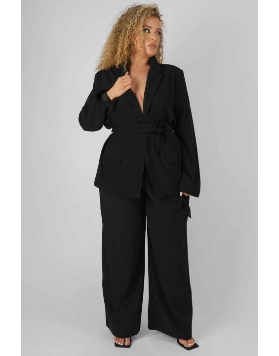 Curve Premium Tie Waist Wide Leg Trousers Black