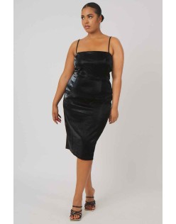 Curve Snakeskin Pu Square Neck Midi Dress Black