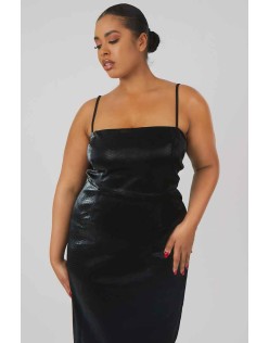 Curve Snakeskin Pu Square Neck Midi Dress Black