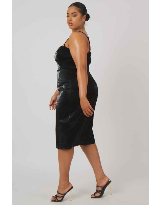 Curve Snakeskin Pu Square Neck Midi Dress Black