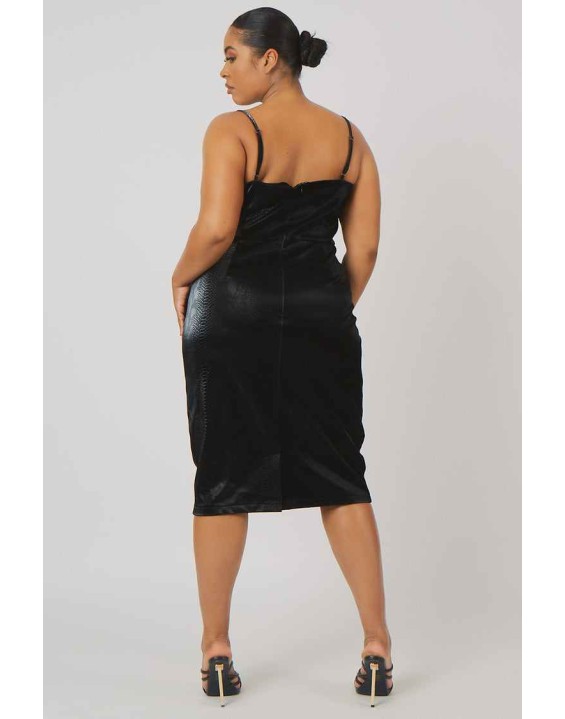 Curve Snakeskin Pu Square Neck Midi Dress Black