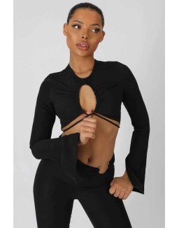 Loop Ruching Long Sleeve Top With Splits Black