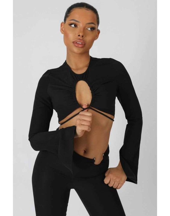 Loop Ruching Long Sleeve Top With Splits Black