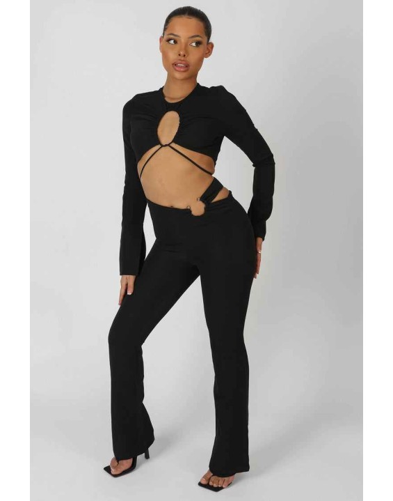 Loop Ruching Long Sleeve Top With Splits Black